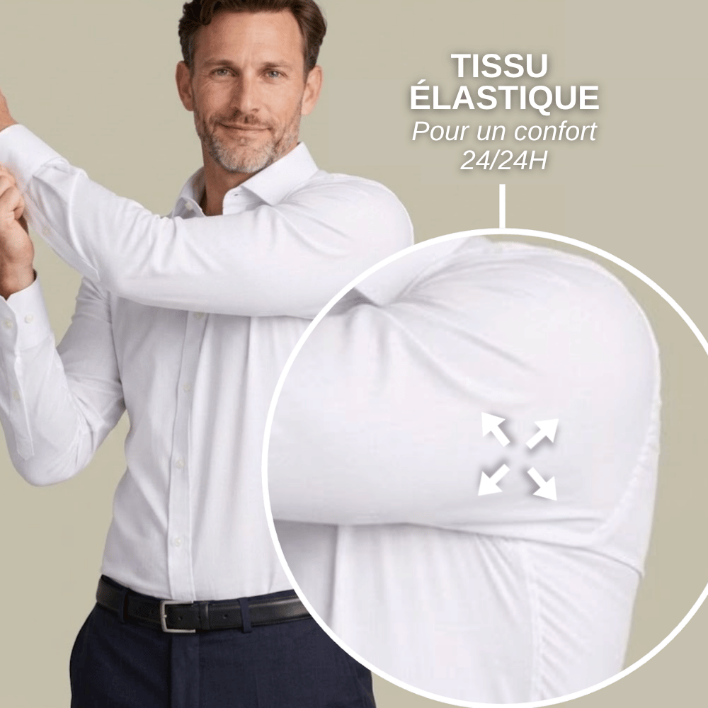 Gros plan du tissu microfibre stretch de la chemise infroissable
